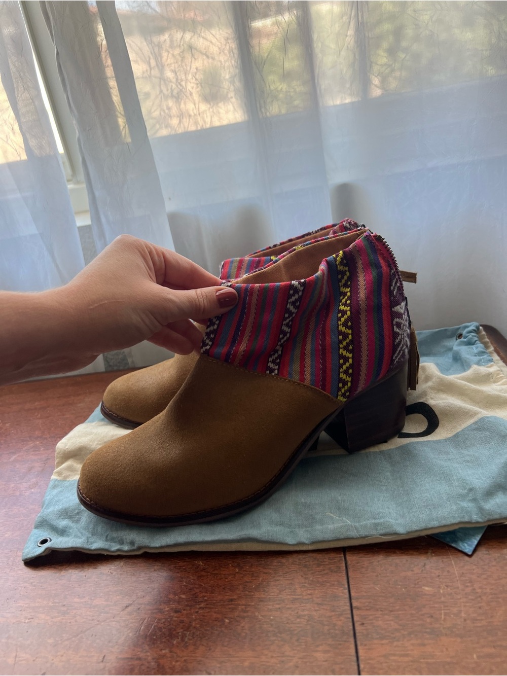 Toms Tan Suede Ankle Booties with Multicolor Woven Collar